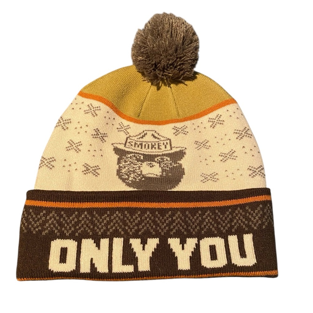 Smoky the Bear Brown and Yellow Knit Hat with Pom-Pom and Retro Design